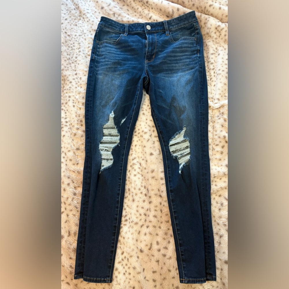 American Eagle Dark Blue Distressed High Rise Jeggings